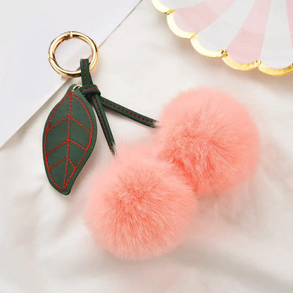 Fashion Cute Fluffy Rabbit Fur Ball Keychain – Pompom Leaf Cherry Pendant for Handbag & Car Keys