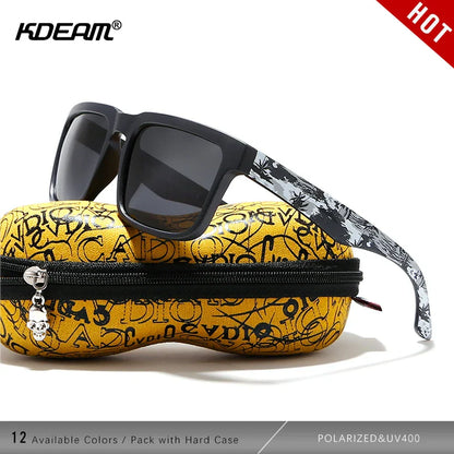KDEAM Polarized Men’s Sunglasses – Matte Black Frame with Painting Temples & Protective Case