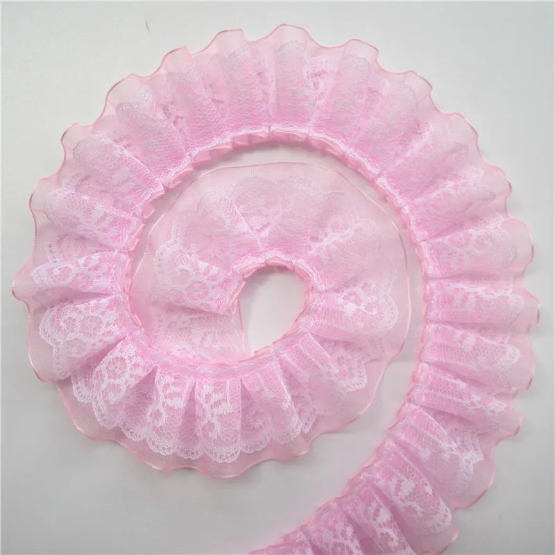 2 Yard Pleated Organza Lace Trim - 4cm Double Layer Ribbon for Sewing, Doll Clothes & Wedding Decor