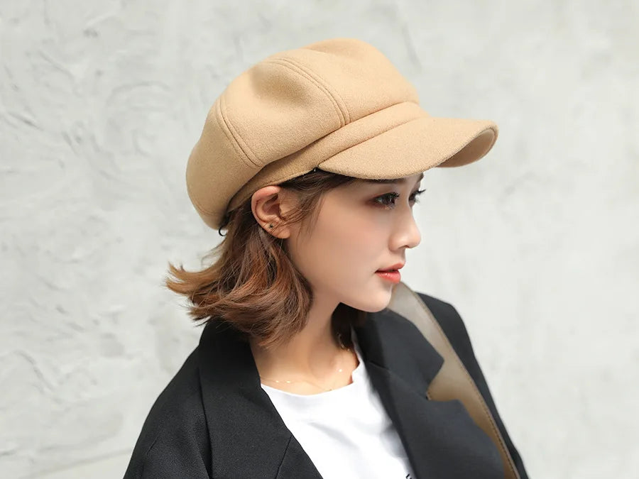 Autumn & Winter Wool Hats for Women – Solid Plain Octagonal Newsboy Cap & Casual Beret for Men & Ladies