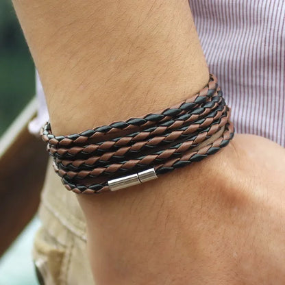 XQNI Black Retro Leather Bracelet for Men - 5 Lap Chain Link Bangle, Fashion Sporty Charm Bracelet