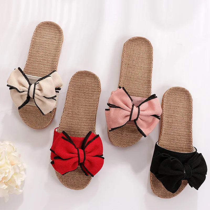 Women’s Bow-Knot Linen Slippers - Cute Soft Indoor Casual Home Flats