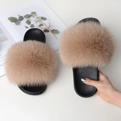 Women’s Summer Fluffy Fur Slippers — Real Fox Fur Non-Slip Flat Slides & Sandals, Large Size
