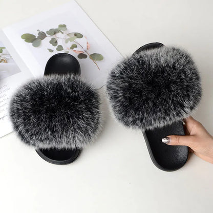 Women’s Summer Fluffy Fur Slippers — Real Fox Fur Non-Slip Flat Slides & Sandals, Large Size