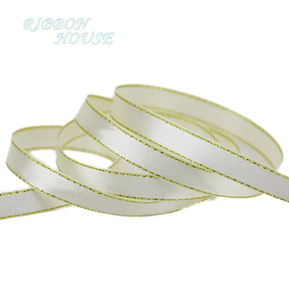 25 Yards 10mm Satin Ribbon with White & Gold Edge - High-Quality Gift Packaging Ribbon