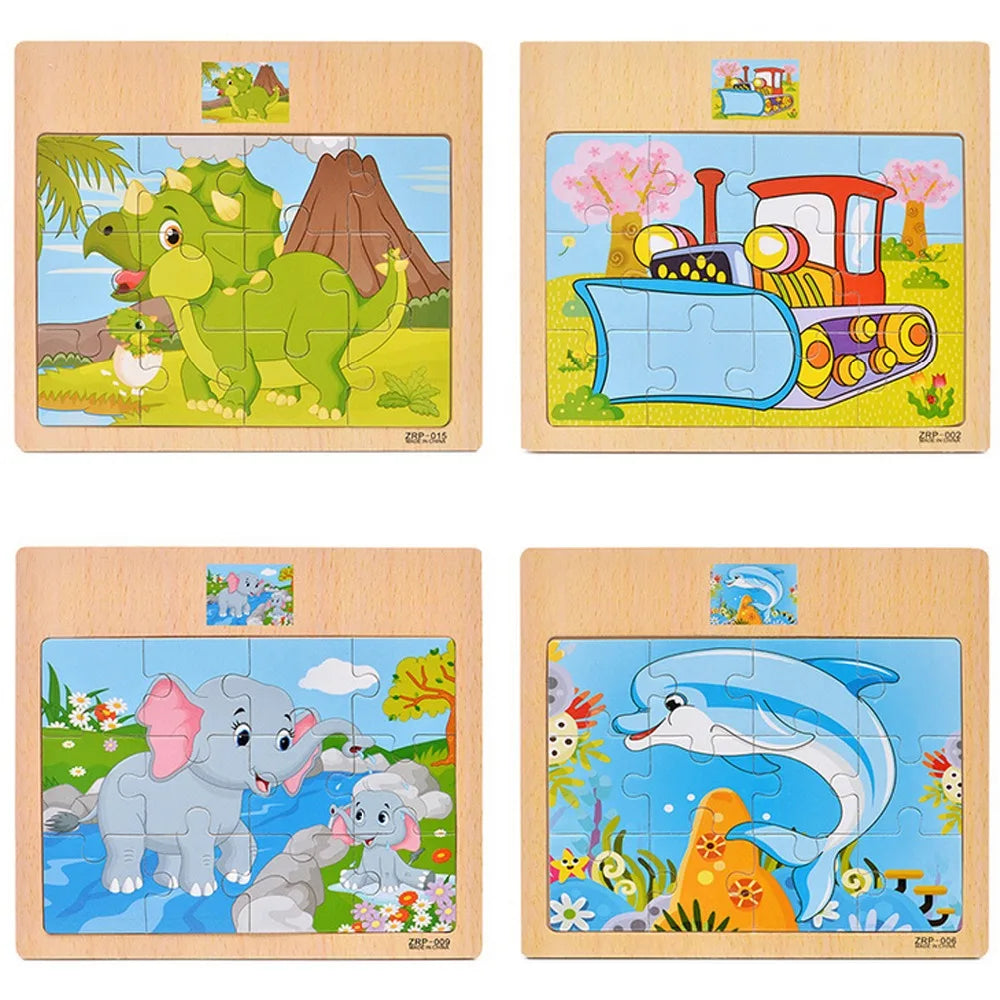 Hot Sale 9/12-Piece Wooden Puzzle Set — Cartoon Vehicles & Animals Educational Learning Toys for Kids, Perfect Gift