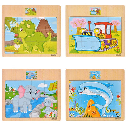 Hot Sale 9/12-Piece Wooden Puzzle Set — Cartoon Vehicles & Animals Educational Learning Toys for Kids, Perfect Gift