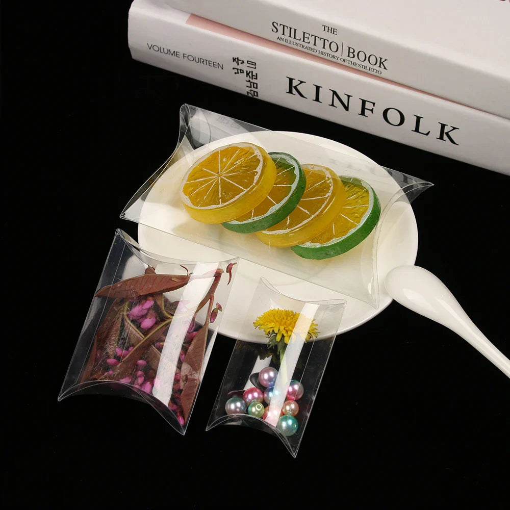 50pcs Pillow-Shaped Candy Boxes – Clear PVC Sweet Gift Packaging for Wedding Party Favors