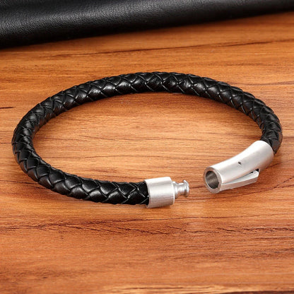 XQNI New Classic Style Men Leather Bracelet - Simple Black Stainless Steel Button Neutral Hand-woven Accessories, Jewelry Gift