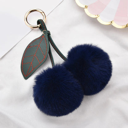 Fashion Cute Fluffy Rabbit Fur Ball Keychain – Pompom Leaf Cherry Pendant for Handbag & Car Keys
