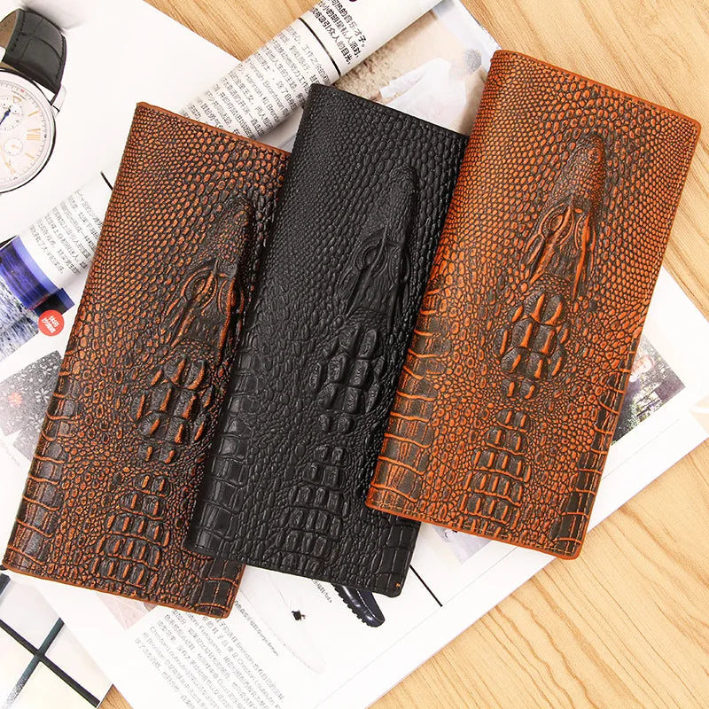 Men’s Crocodile Pattern PU Leather Wallet – Slim Long Clutch Purse Alligator Style Portafoglio Uomo