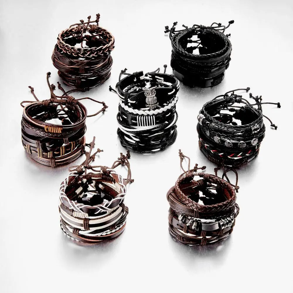 Men's Vintage Multilayer Leather Braid Bracelet - Handmade Star, Leaf & Owl Rope Wrap Bangle, Male Gift Jewelry