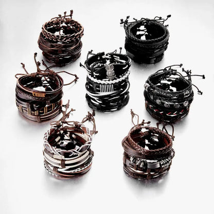 Men's Vintage Multilayer Leather Braid Bracelet - Handmade Star, Leaf & Owl Rope Wrap Bangle, Male Gift Jewelry