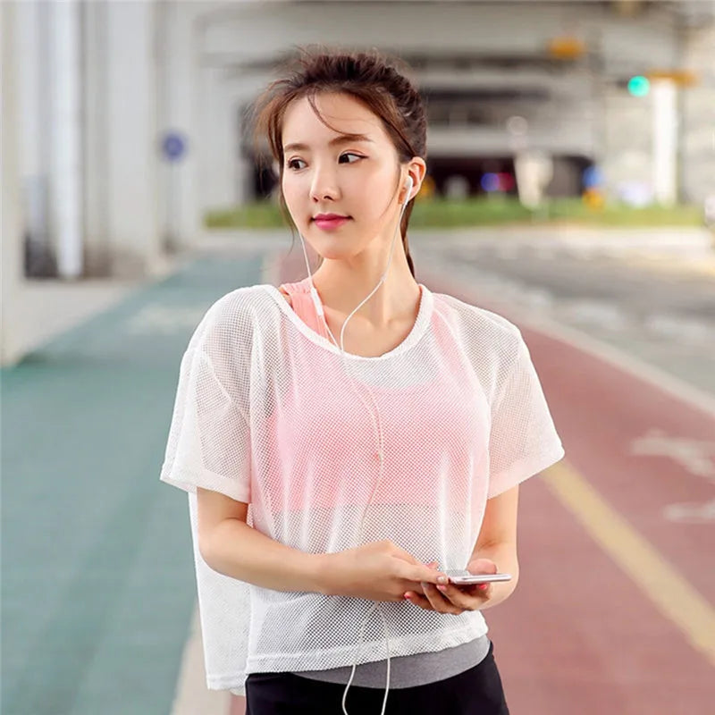 Breathable Performance: Women's Mesh Yoga Shirt - Sexy Short Sleeve T-Shirt Sport Top, Quick Dry Gym Cover Up for Running Fitness