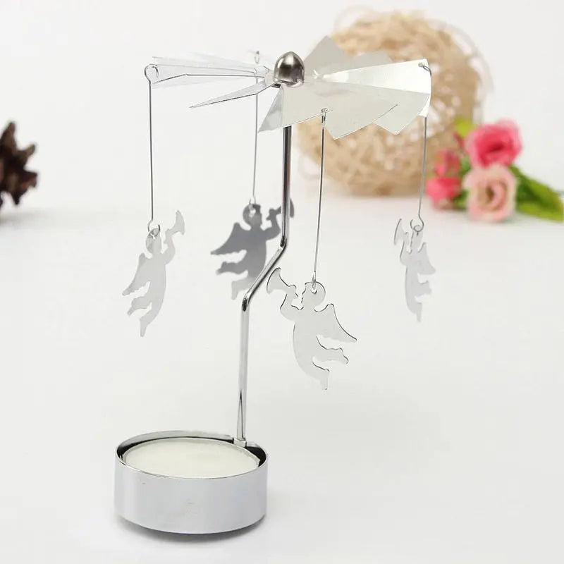 Silver Christmas Rotating Tea Light Candle Holder Carousel – Spinning Holiday Centerpiece Decor