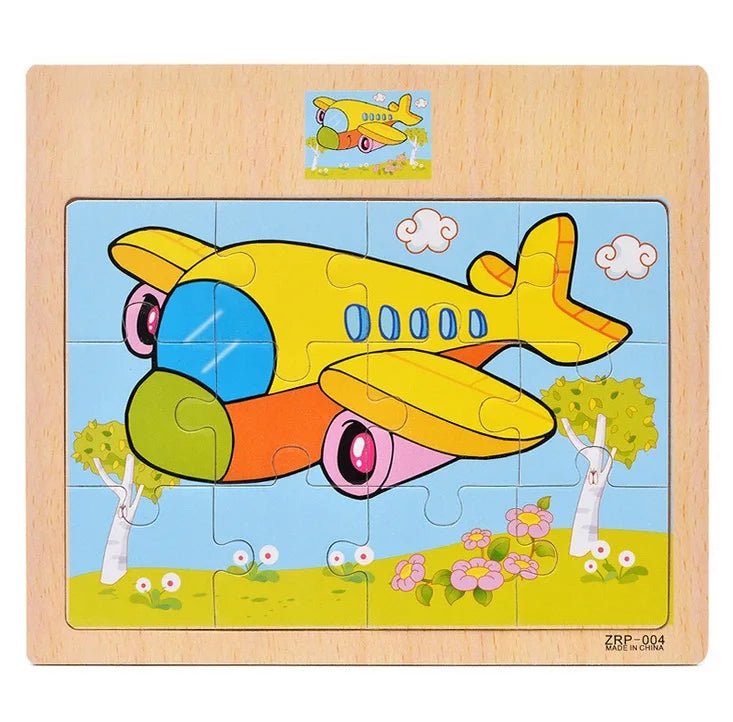Hot Sale 9/12-Piece Wooden Puzzle Set — Cartoon Vehicles & Animals Educational Learning Toys for Kids, Perfect Gift