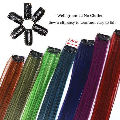 BUQI Straight Clip-In Colored Hair Extensions – Rainbow Synthetic Hair Streaks in Pink, Orange, White & Purple