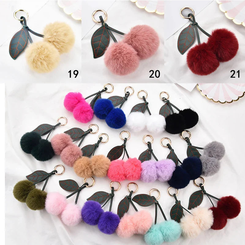 Fashion Cute Fluffy Rabbit Fur Ball Keychain – Pompom Leaf Cherry Pendant for Handbag & Car Keys