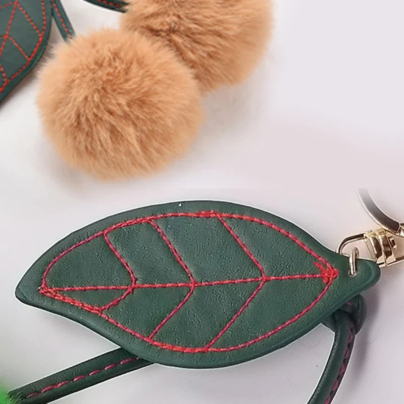 Fashion Cute Fluffy Rabbit Fur Ball Keychain – Pompom Leaf Cherry Pendant for Handbag & Car Keys