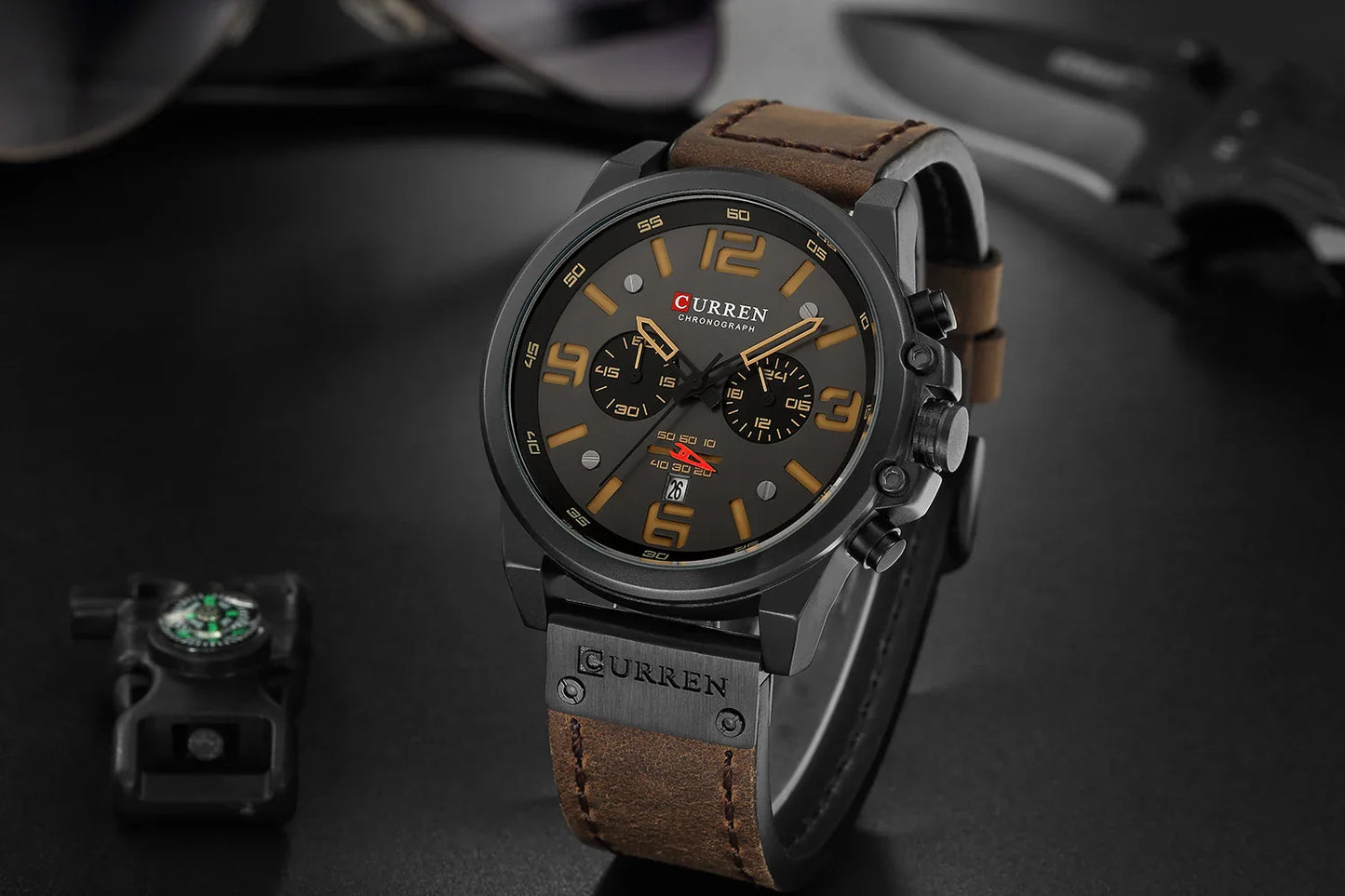 CURREN Men's Luxury Waterproof Sport Watch – Chronograph Quartz Military Wristwatch with Genuine Leather Strap