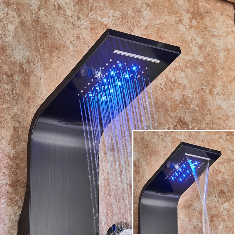LED Waterfall Shower Panel System - Black In-Wall Rain Shower with Spa Massage Sprayer & Bidet Tap