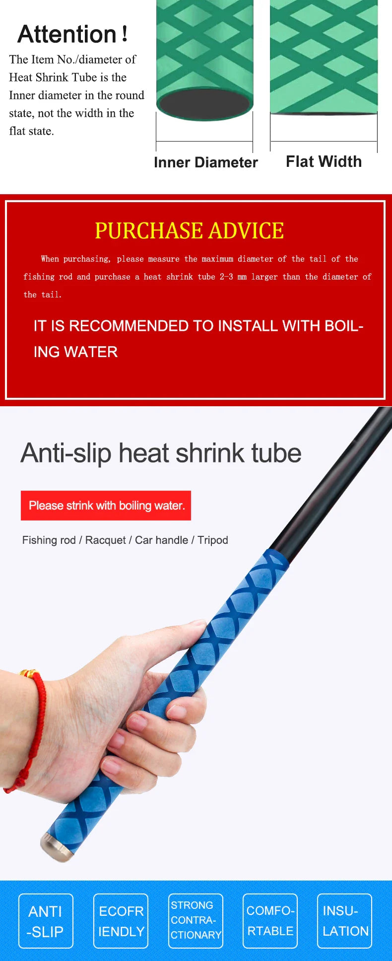 Anti-Slip Heat Shrink Tube for Fishing Rods — DIY Electrical Insulation, 5 Colors, 1M Length, Multiple Sizes 15-50mm