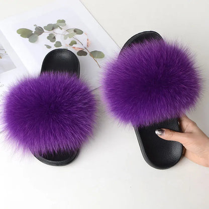 Women’s Summer Fluffy Fur Slippers — Real Fox Fur Non-Slip Flat Slides & Sandals, Large Size