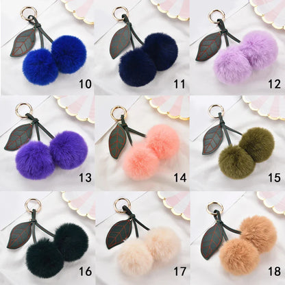 Fashion Cute Fluffy Rabbit Fur Ball Keychain – Pompom Leaf Cherry Pendant for Handbag & Car Keys