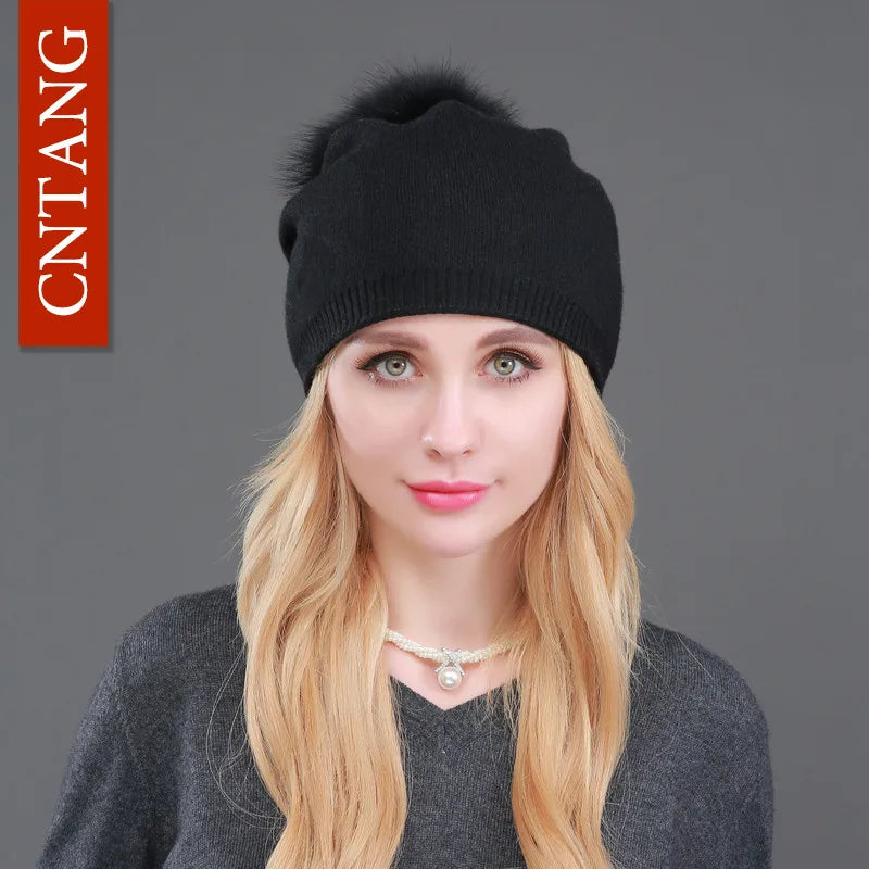 Autumn Winter Knitted Wool Hat for Women – Fashion Pompon Beanie with Genuine Raccoon Fur, Warm and Stylish Cap