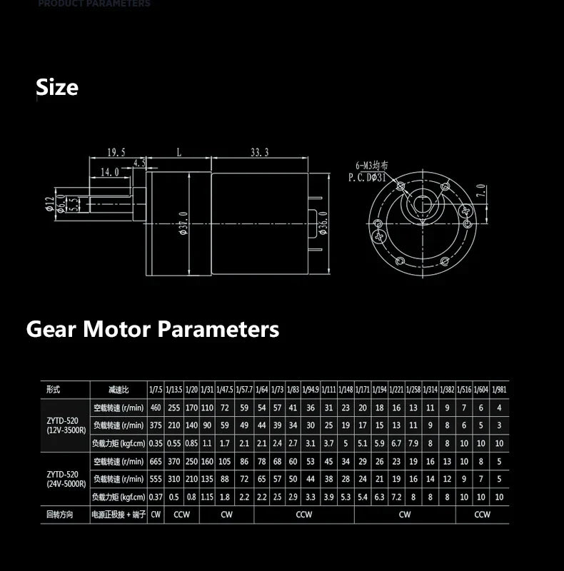 GB37RG 12V DC Gear Motor – 37mm Eccentric Shaft with Multiple RPM Options (2 to 1000 RPM)