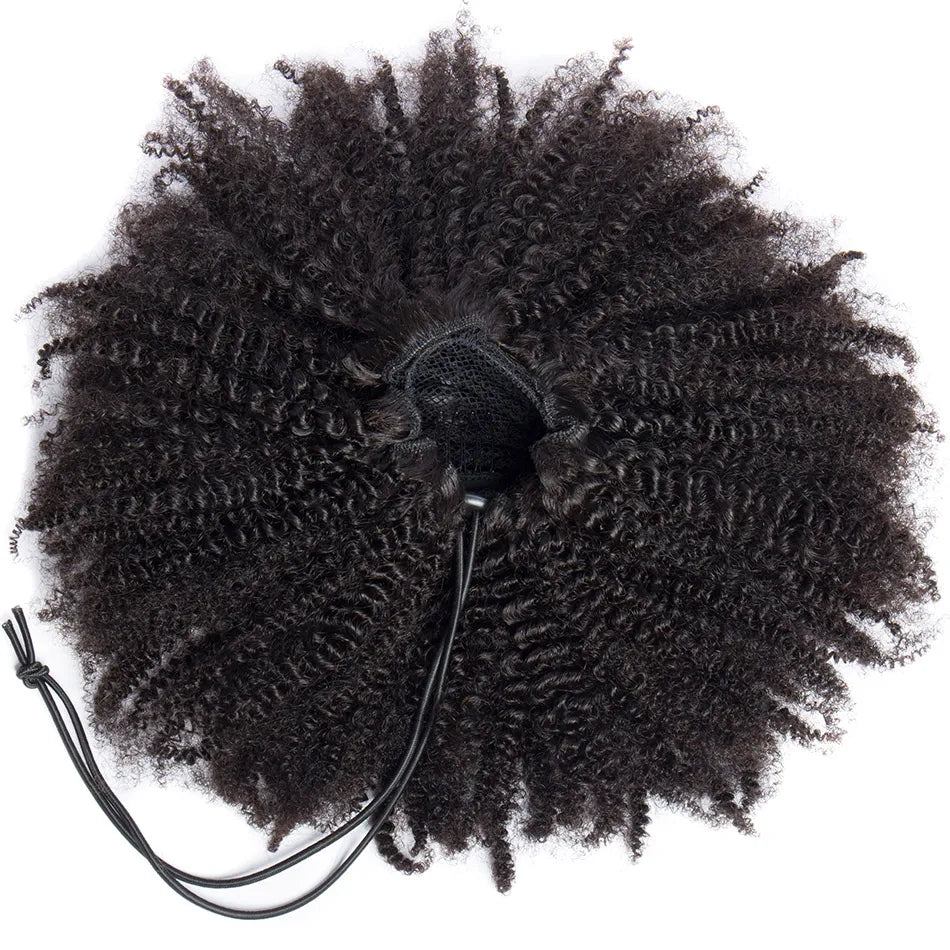Alibele Mongolian Afro Kinky Curly Drawstring Ponytail – 4B/4C Remy Human Hair Extensions 10-28 Inch Clip-In