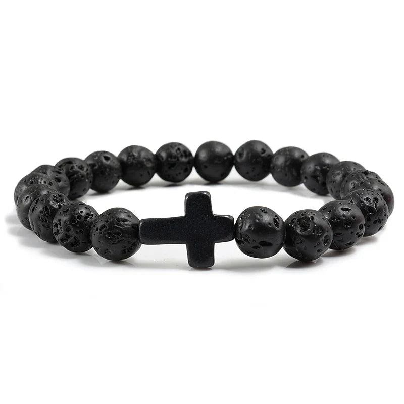 Charm Natural Stone Bracelet - Cross Black Lava Matte Beaded, Handmade Men & Women Prayer Fitness Chain, Couple Jewelry Gift