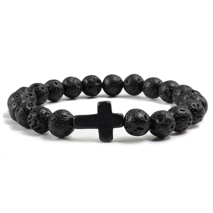 Charm Natural Stone Bracelet - Cross Black Lava Matte Beaded, Handmade Men & Women Prayer Fitness Chain, Couple Jewelry Gift