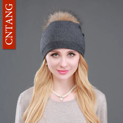 Autumn Winter Knitted Wool Hat for Women – Fashion Pompon Beanie with Genuine Raccoon Fur, Warm and Stylish Cap
