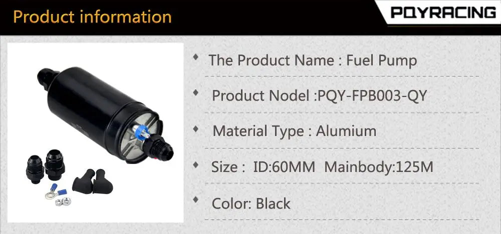 PQY EFI 380LH 1000HP External Fuel Pump – E85 Compatible, Top Quality 044 Style, Model PQY-FPB003-QY