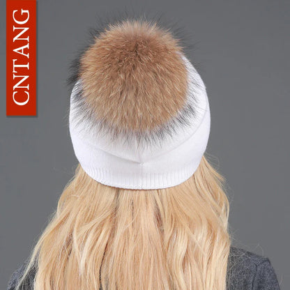 Autumn Winter Knitted Wool Hat for Women – Fashion Pompon Beanie with Genuine Raccoon Fur, Warm and Stylish Cap