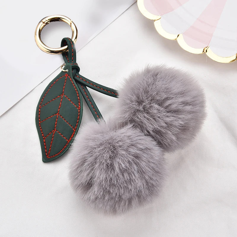 Fashion Cute Fluffy Rabbit Fur Ball Keychain – Pompom Leaf Cherry Pendant for Handbag & Car Keys
