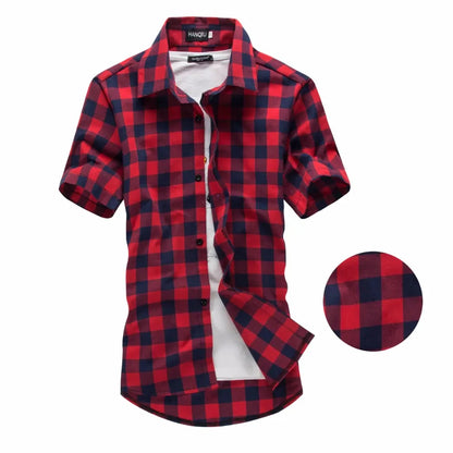 Red and Black Plaid Shirt for Men: New Summer Fashion Short Sleeve Chemise Homme - Checkered Men's Blouse