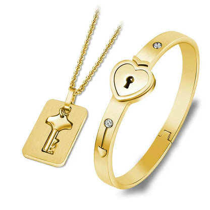 Couple Jewelry Set – Stainless Steel Love Heart Lock Bracelets & Key Pendant Necklace for Men & Women Gift