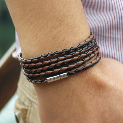 XQNI Black Retro Leather Bracelet for Men - 5 Lap Chain Link Bangle, Fashion Sporty Charm Bracelet