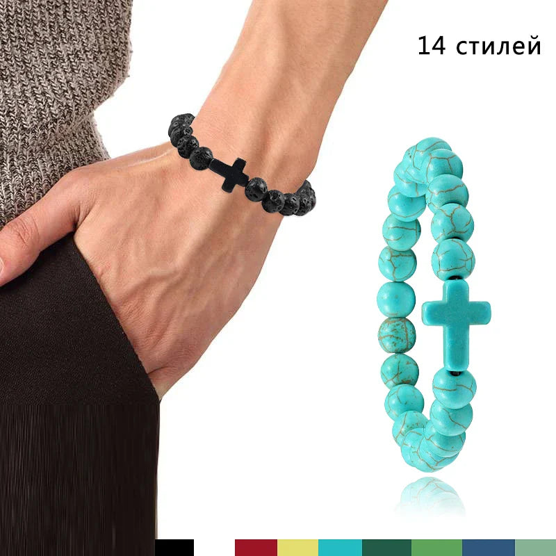 Charm Natural Stone Bracelet - Cross Black Lava Matte Beaded, Handmade Men & Women Prayer Fitness Chain, Couple Jewelry Gift