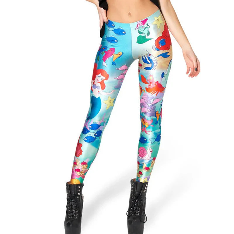 Women Summer Cartoon Print Leggings – Mermaid Galaxy Animal Donald Duck High Waist Stretch Slim Fit Milk Silk Pants L-1467