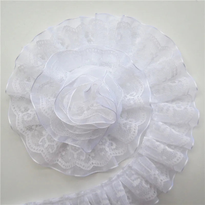 2 Yard Pleated Organza Lace Trim - 4cm Double Layer Ribbon for Sewing, Doll Clothes & Wedding Decor