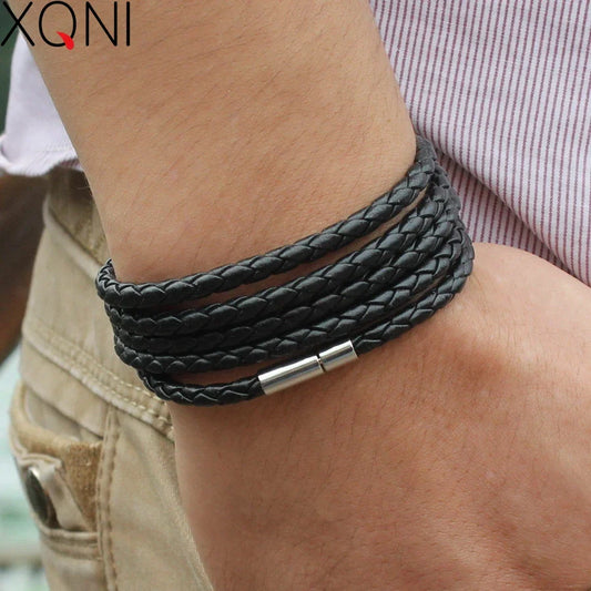 XQNI Black Retro Leather Bracelet for Men - 5 Lap Chain Link Bangle, Fashion Sporty Charm Bracelet