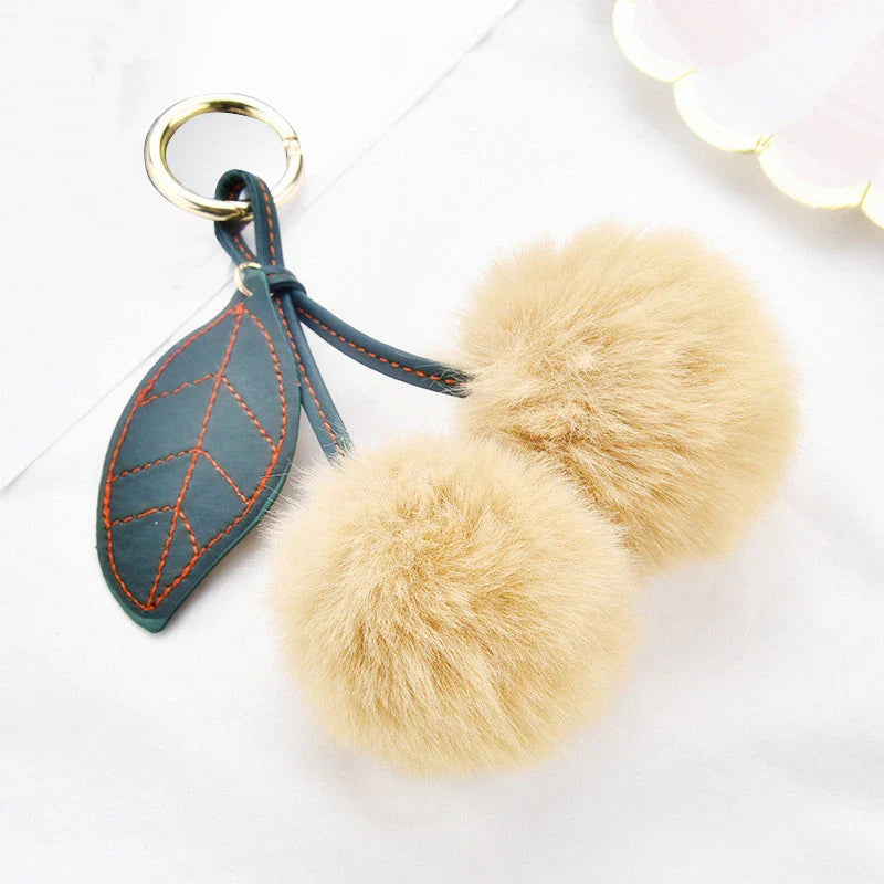 Fashion Cute Fluffy Rabbit Fur Ball Keychain – Pompom Leaf Cherry Pendant for Handbag & Car Keys