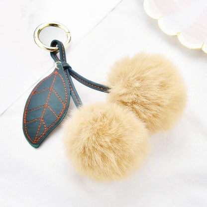 Fashion Cute Fluffy Rabbit Fur Ball Keychain – Pompom Leaf Cherry Pendant for Handbag & Car Keys
