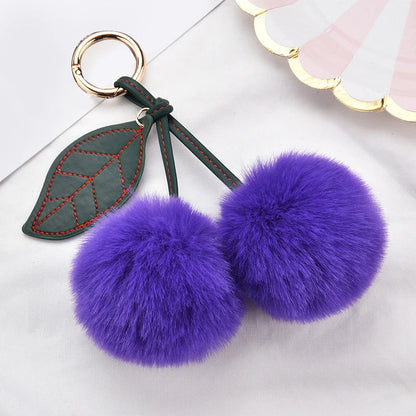 Fashion Cute Fluffy Rabbit Fur Ball Keychain – Pompom Leaf Cherry Pendant for Handbag & Car Keys