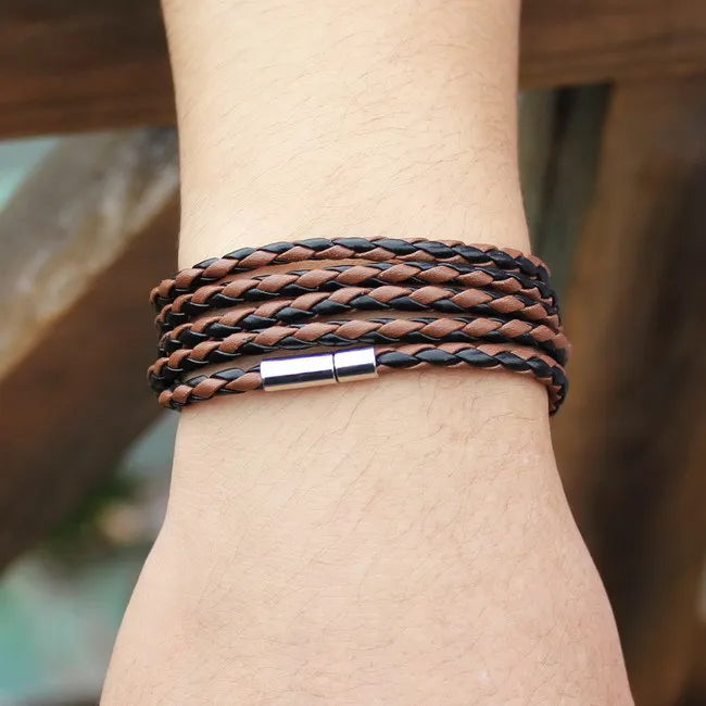 XQNI Black Retro Leather Bracelet for Men - 5 Lap Chain Link Bangle, Fashion Sporty Charm Bracelet