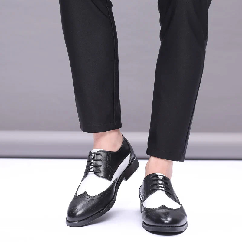 Men's Black & White Leather Oxford Shoes - Elegant British Style Wedding & Formal Party Dress Shoes