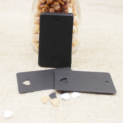 100pcs Black & Kraft Paper Gift Tags – 5×3cm Rectangular Heart Hollow Labels with 100 Hemp Strings for Hand Drawn or DIY Gift Tags
